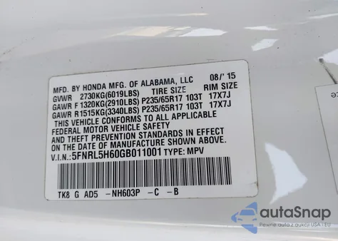 2016 Honda Odyssey Ex-L z USA, uszkodzony, nr VIN 5FNRL5H60GB011001